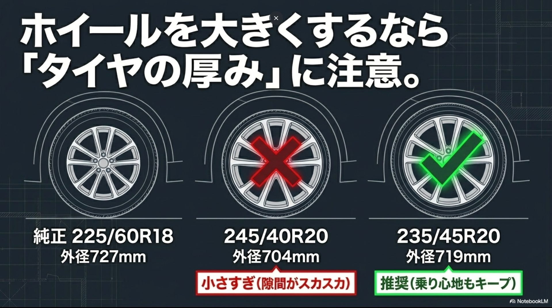 ホイールを大きくする際のタイヤ外径の比較。245/40R20は小さすぎて隙間がスカスカになるが、235/45R20は乗り心地もキープできる推奨サイズであることを示す図。