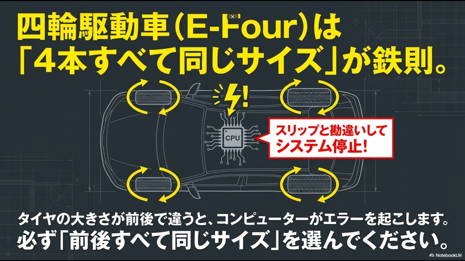 四輪駆動車(E-Four)で前後のタイヤサイズが違うと、コンピューターがスリップと勘違いしてシステム停止を起こすため、4本すべて同じサイズが鉄則であることを示す図。