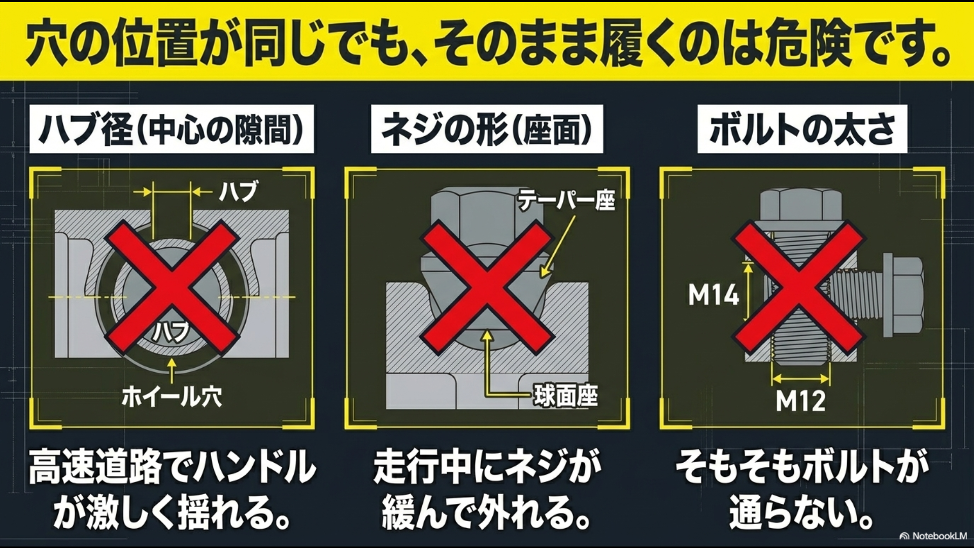 ハブ径の隙間によるハンドルの揺れ、テーパー座と球面座の違いによるネジの緩み、M14とM12のボルトの太さの違いによる不適合を警告する図。