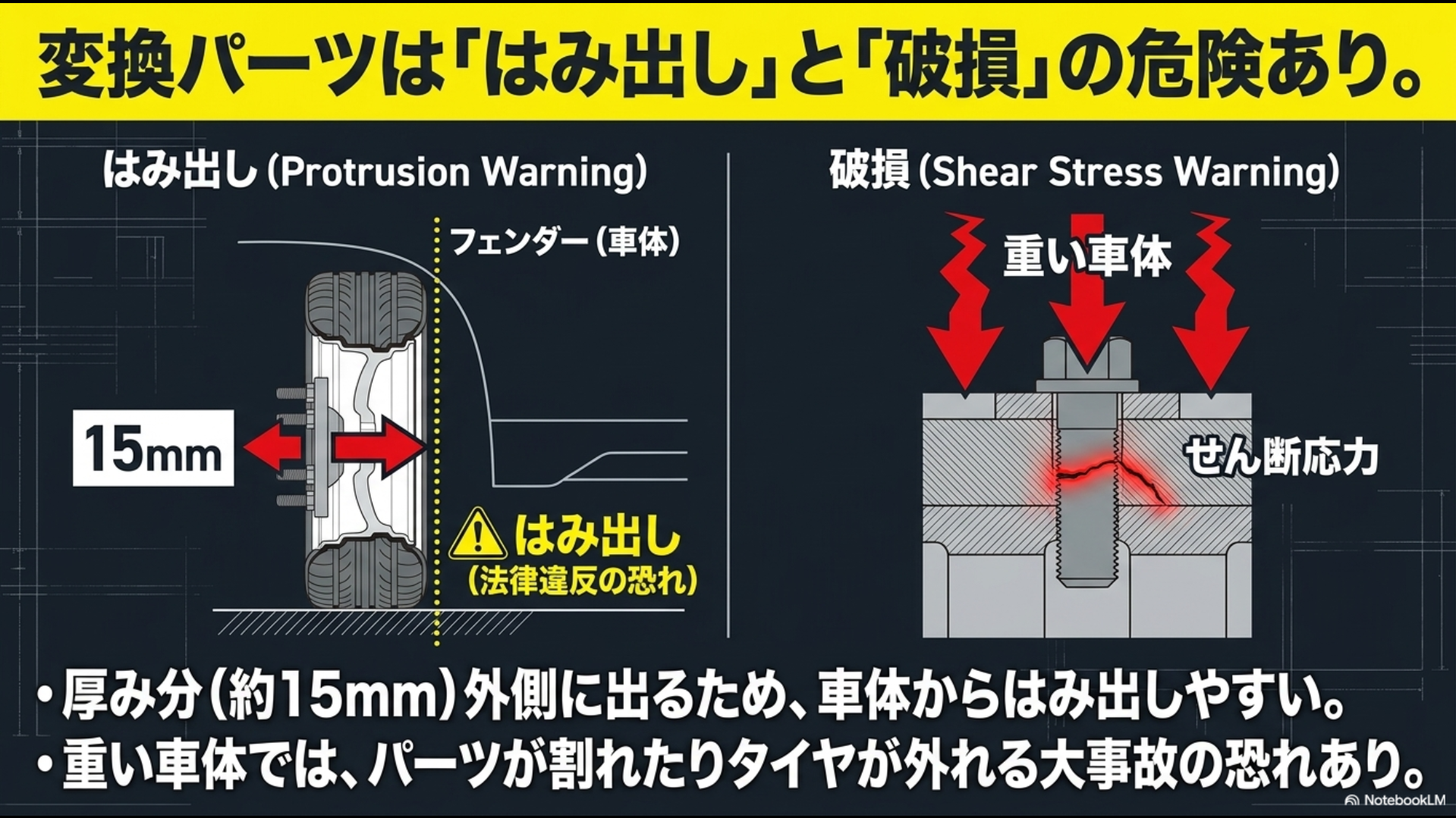 変換パーツによる約15mmのはみ出しリスクと、重い車体によるせん断応力でボルトが破損する危険性を解説した図解。