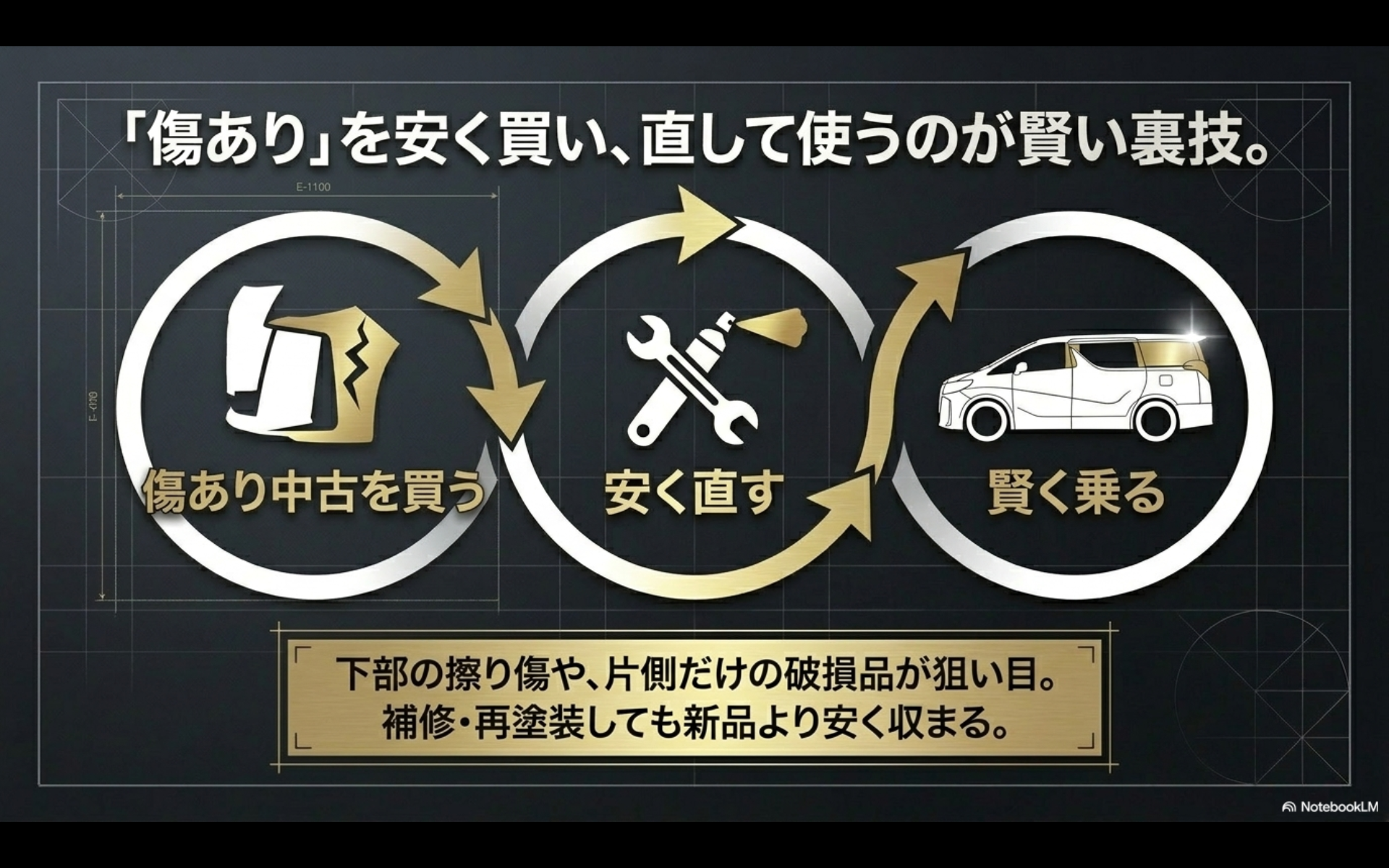 「傷あり中古を買う > 安く直す > 賢く乗る」というステップと共に、「傷ありを安く買い、直して使うのが賢い裏技。下部の擦り傷や、片側だけの破損品が狙い目。補修・再塗装しても新品より安く収まる。」と書かれたスライド画像。