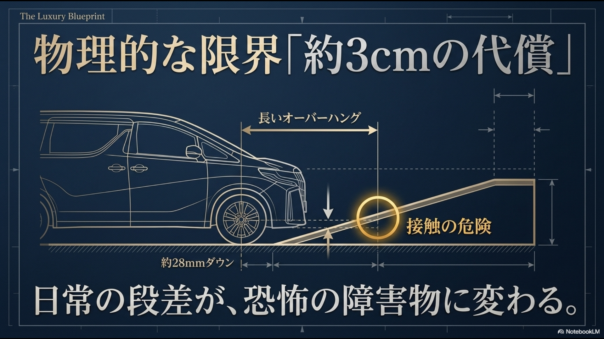 約28mmダウンによる長いオーバーハングと、傾斜やスロープ進入時の接触の危険性を図解した、物理的な限界「約3cmの代償」のスライド画像