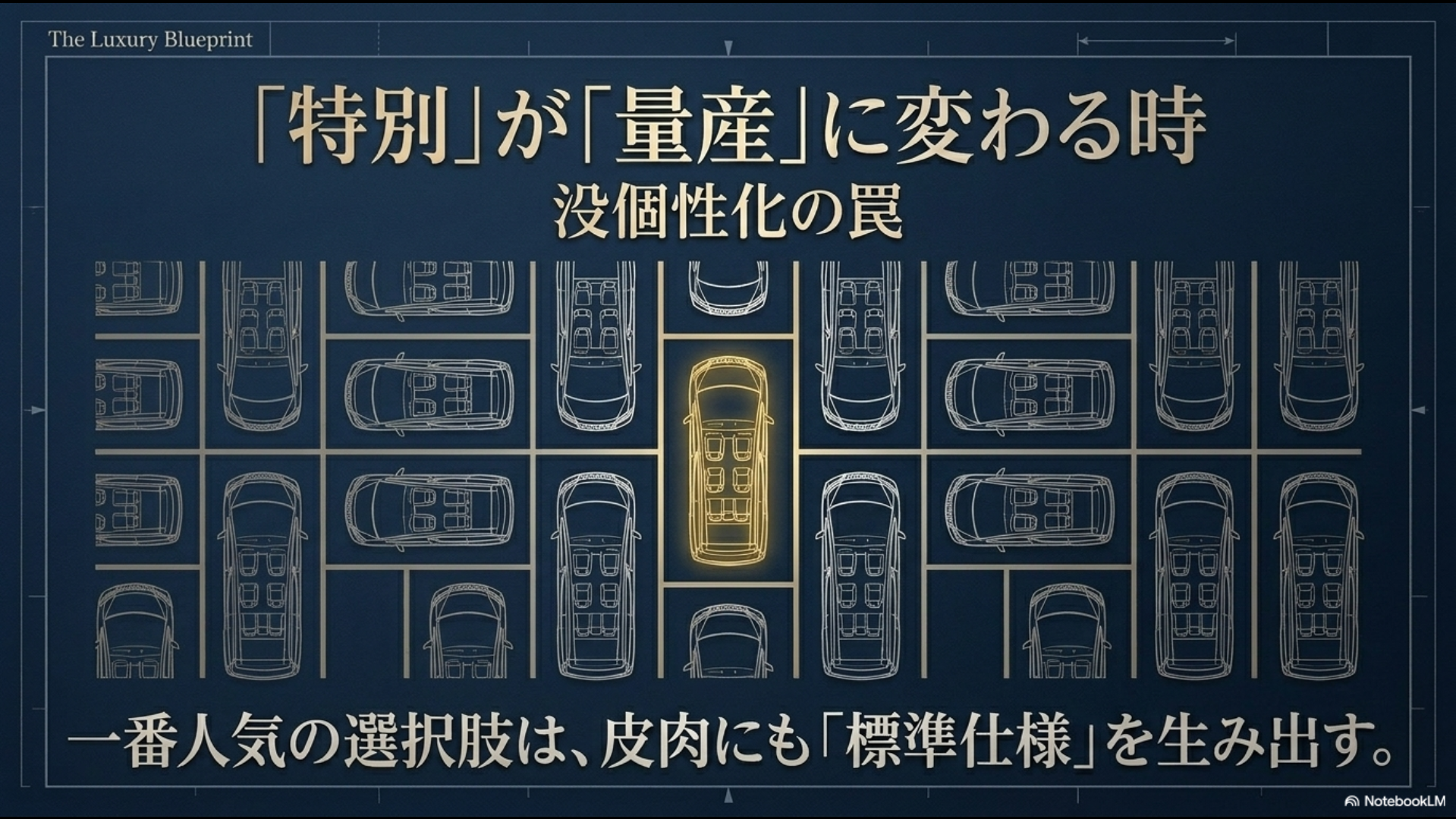 「『特別』が『量産』に変わる時。没個性化の罠。一番人気の選択肢は、皮肉にも『標準仕様』を生み出す。」と書かれたデザイン評価に関するスライド画像
