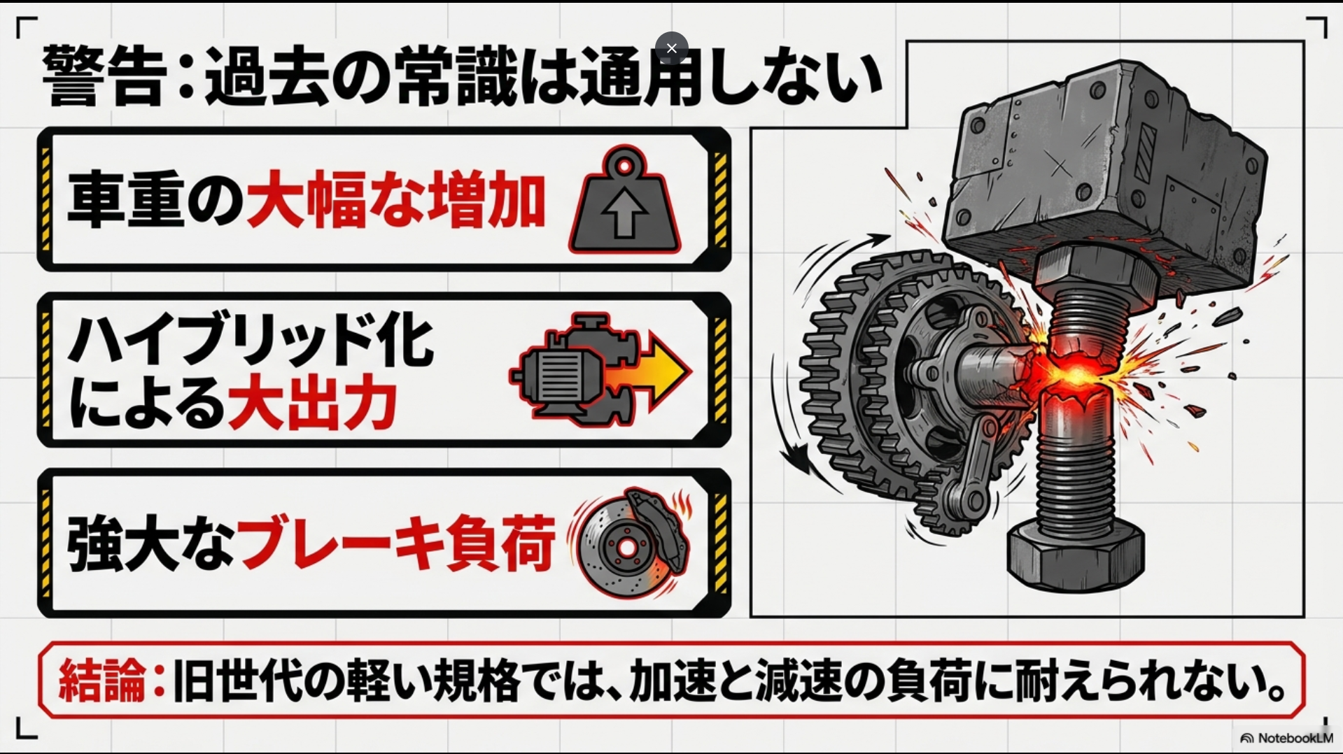 車重の増加やハイブリッド化による大出力、強大なブレーキ負荷により、過去の軽い規格では負荷に耐えられないことを示す警告スライド