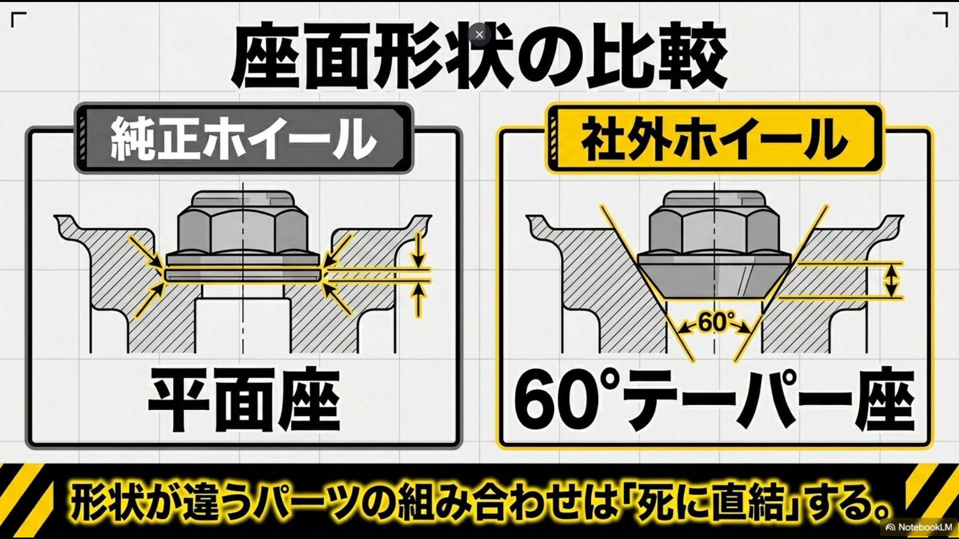 純正ホイールの平面座と社外ホイールの60°テーパー座の取付座面形状の違いを分かりやすく図解したスライド