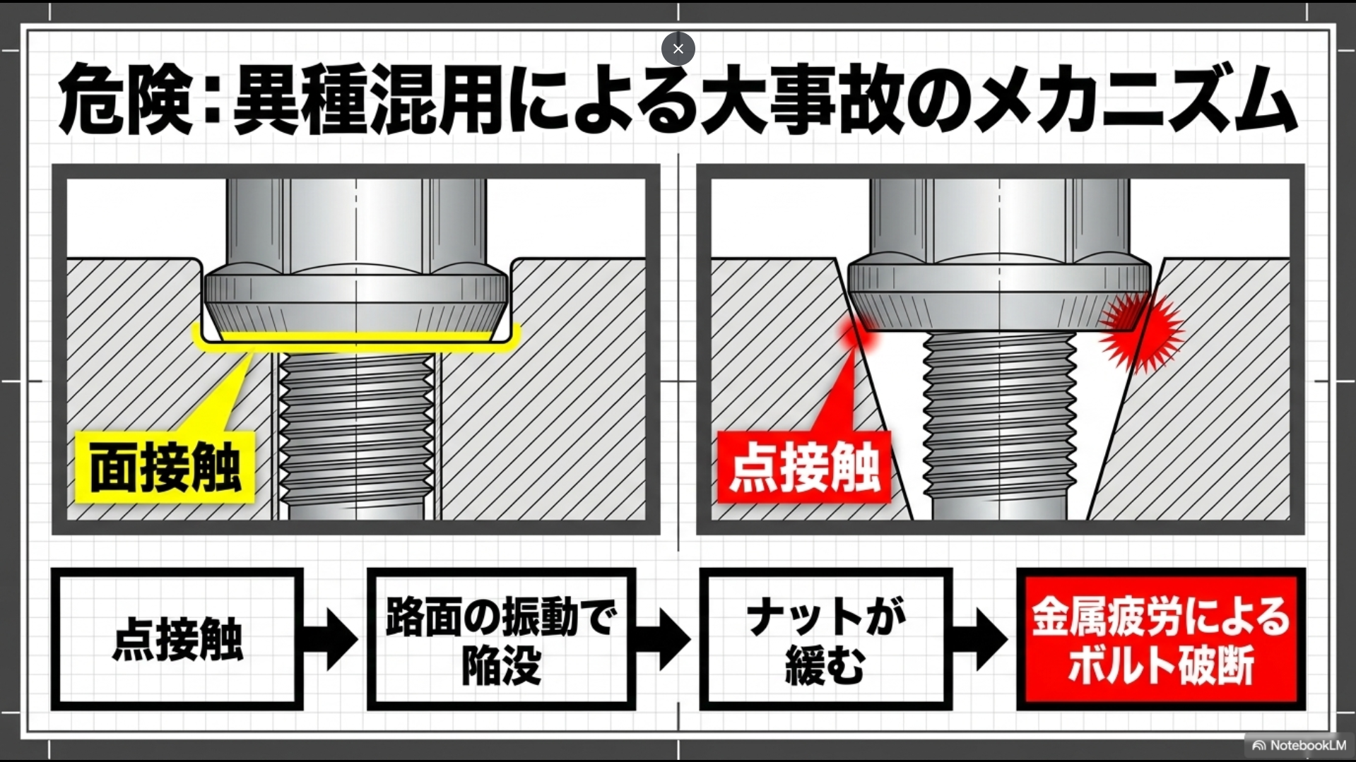 平面座とテーパー座を誤って組み合わせると点接触になり、路面振動で陥没・ナット緩み・金属疲労によるボルト破断が起きる仕組みを解説するスライド