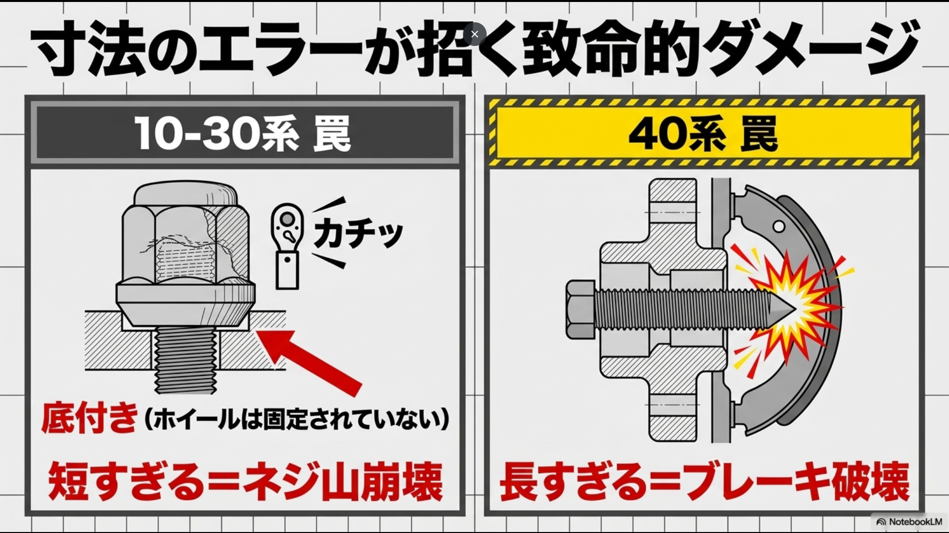 袋ナットの底付きによる固定不良の罠や、ボルトが短すぎる場合のネジ山崩壊、長すぎる場合のブレーキ破壊リスクを説明するスライド