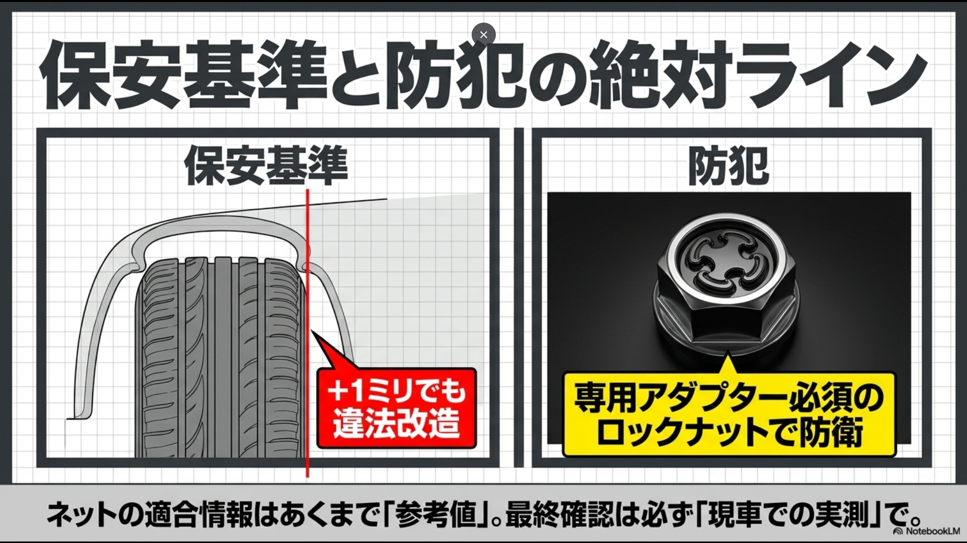 フェンダーから1ミリでも突出すると違法改造になる保安基準の解説と、ロックナットによる防犯対策、現車実測の重要性をまとめたスライド