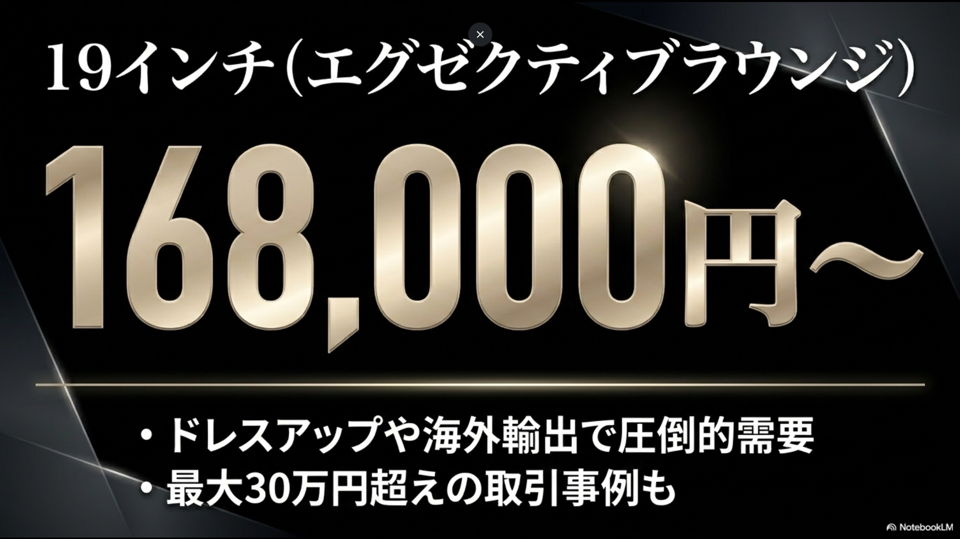 「19インチ（エグゼクティブラウンジ）168,000円〜」という高額な買取相場とドレスアップ・海外輸出需要を提示するスライド画像。