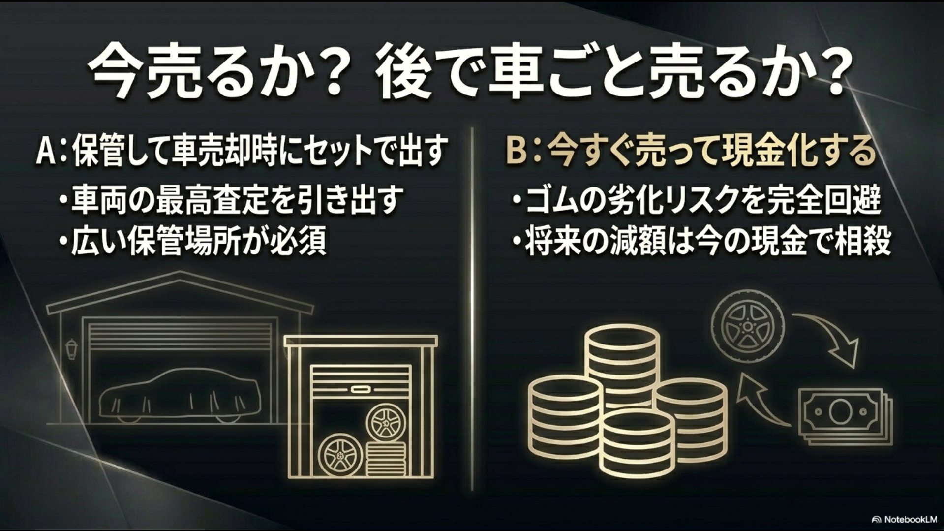 「今売るか？後で車ごと売るか？」というテーマで、保管して車売却時に出す方法（A）と今すぐ売る方法（B）のメリット・リスクを比較するスライド画像。