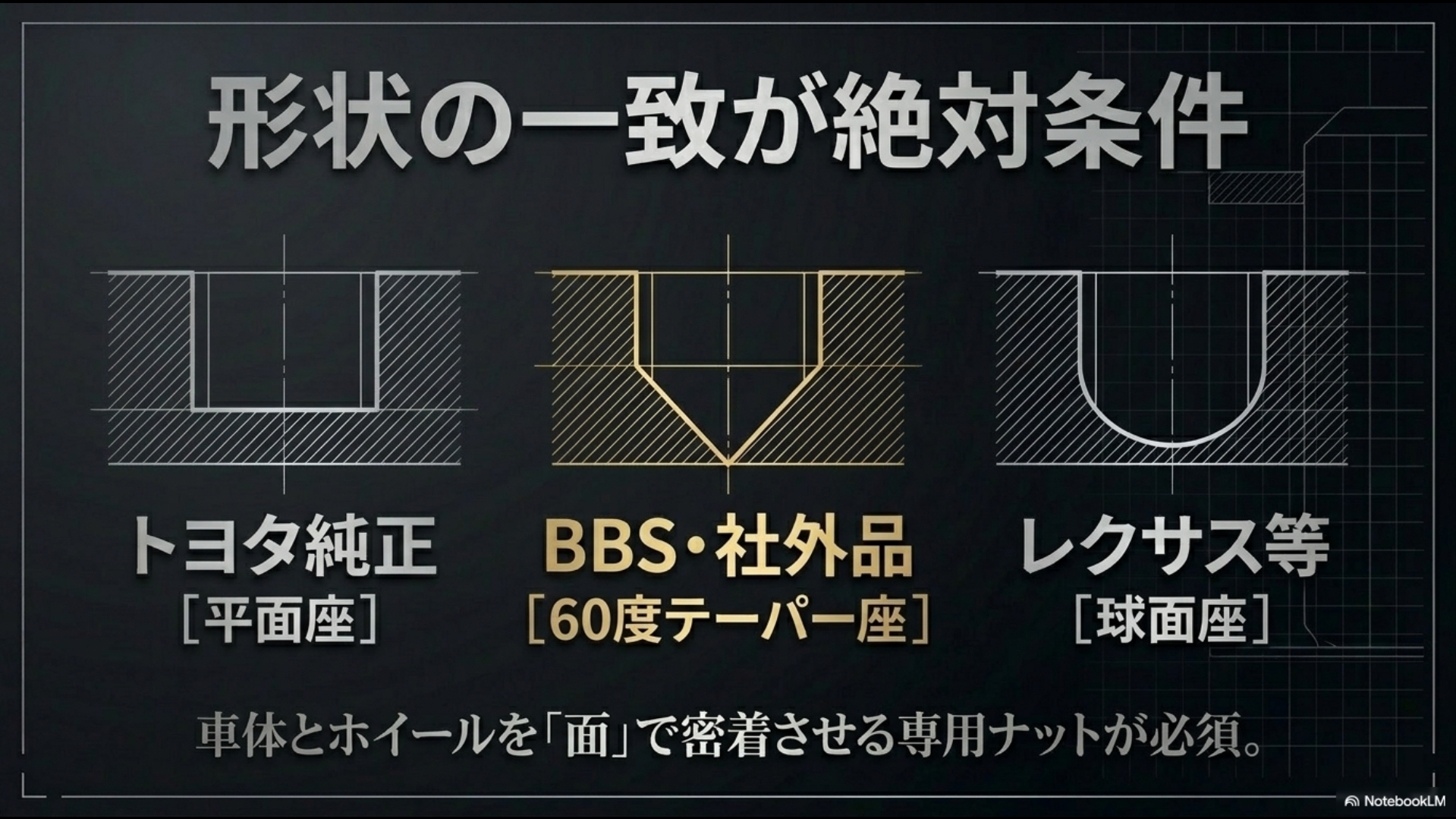 トヨタ純正の平面座、BBSなど社外品の60度テーパー座、球面座の違いを図解