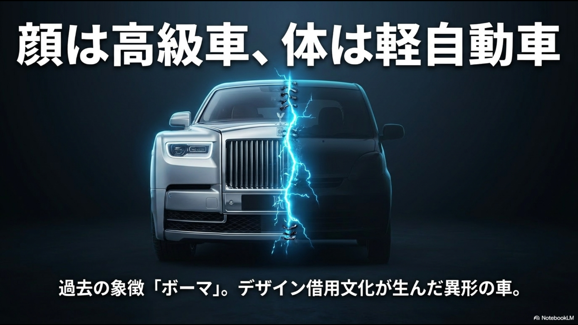 顔は高級車アルファード、体は軽自動車デイズのデザインを強引に借用して作られた未奥BOMAの特徴を示すスライド