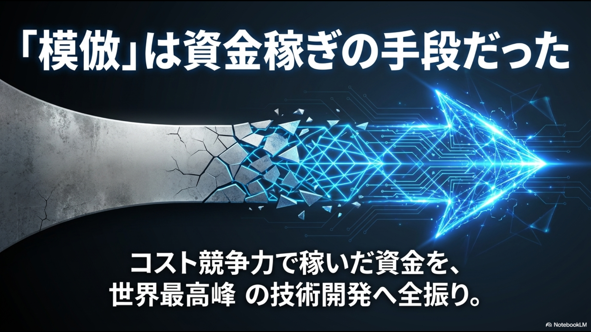 模倣によるコスト競争力で稼いだ資金を、世界最高峰の技術開発へ全振りしたBYDなどの成長戦略を解説するスライド