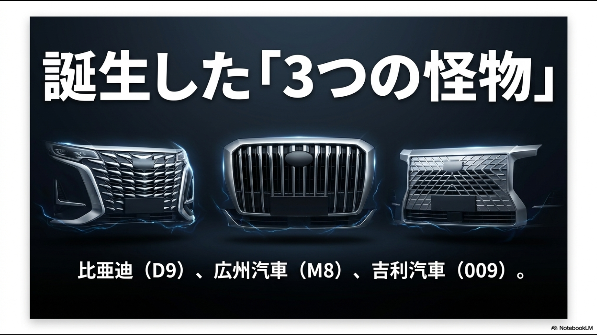 比亜迪のデンツァD9、広州汽車のトランプチM8、吉利汽車のジーカー009という3つの大型ミニバンのフロントグリル画像と紹介スライド