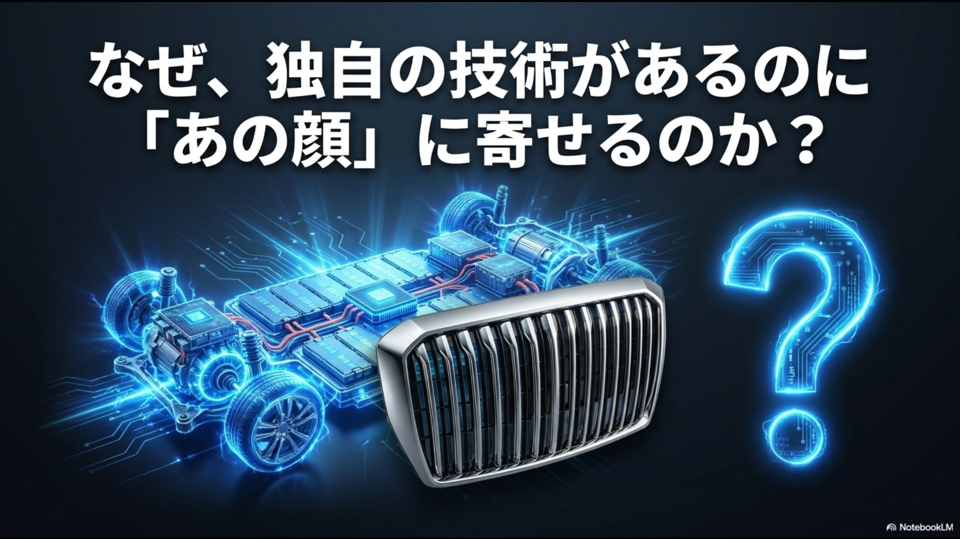独自技術がありながらもアルファードに似た巨大フロントグリルを採用する背景について問いかけるスライド