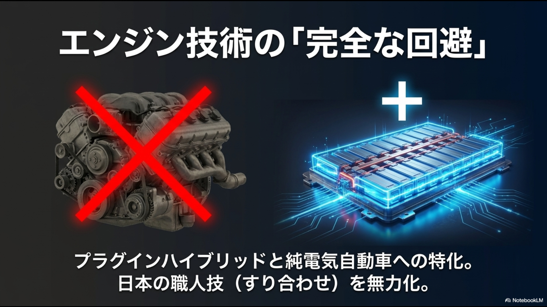 PHEVやBEVに特化することで日本のお家芸である複雑なエンジンのすり合わせ技術を無力化したことを示すスライド