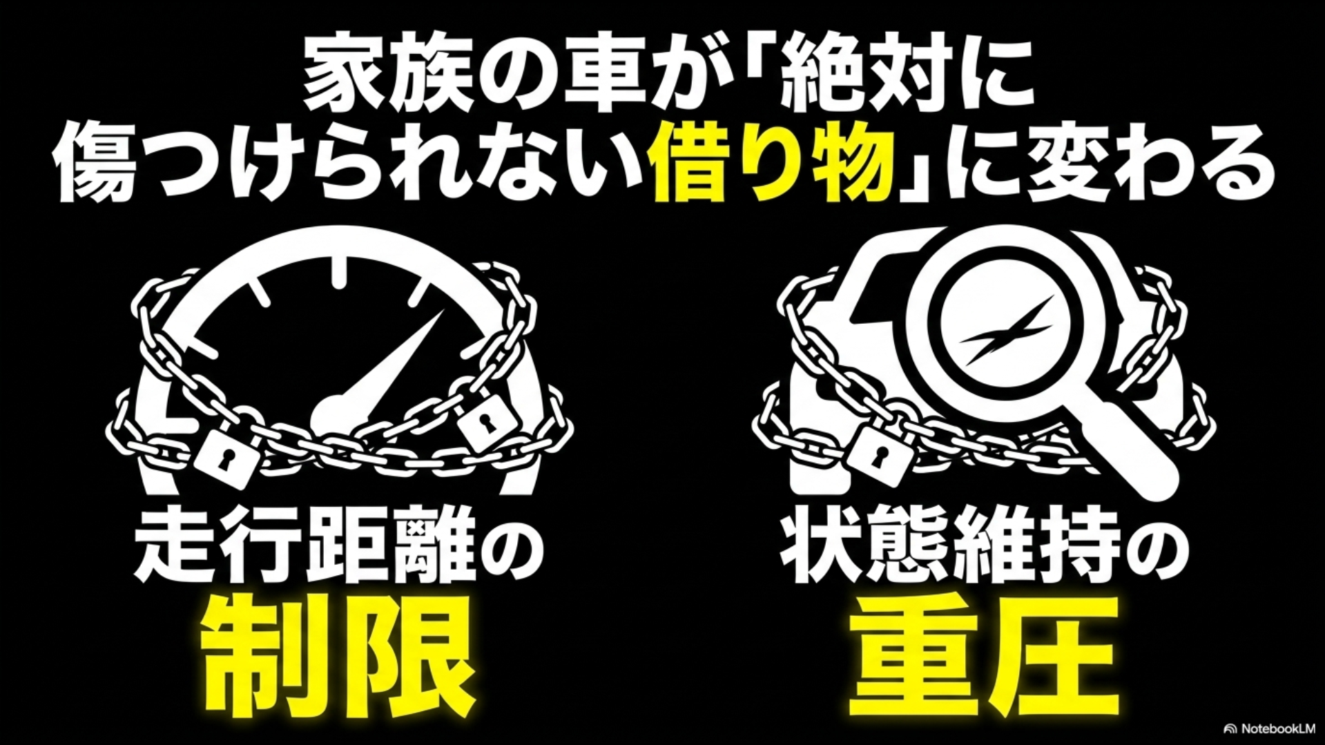 走行距離の制限や状態維持の重圧により、家族の車が絶対に傷つけられない借り物に変わるという解説