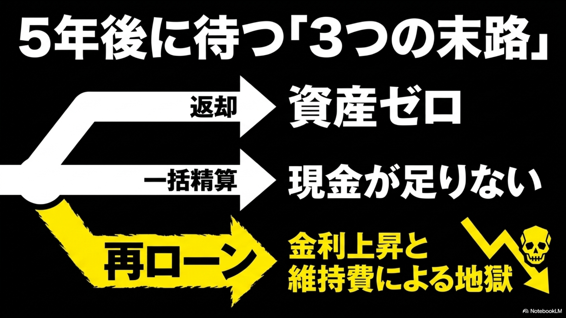 契約の5年後に待つ、返却（資産ゼロ）、一括精算（現金不足）、再ローン（金利上昇による地獄）という3つの末路スライド