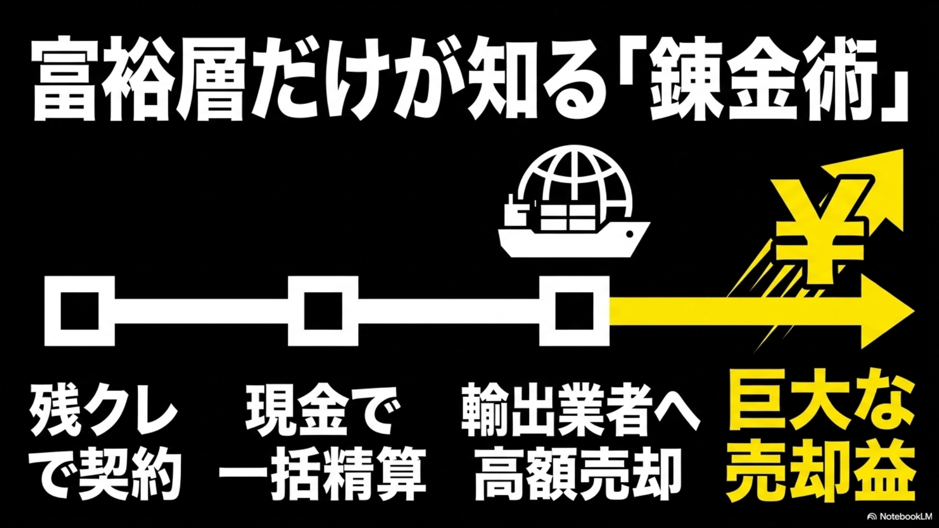 残クレで契約後、現金で一括精算し輸出業者へ高額売却して巨大な売却益を得る富裕層の錬金術スライド