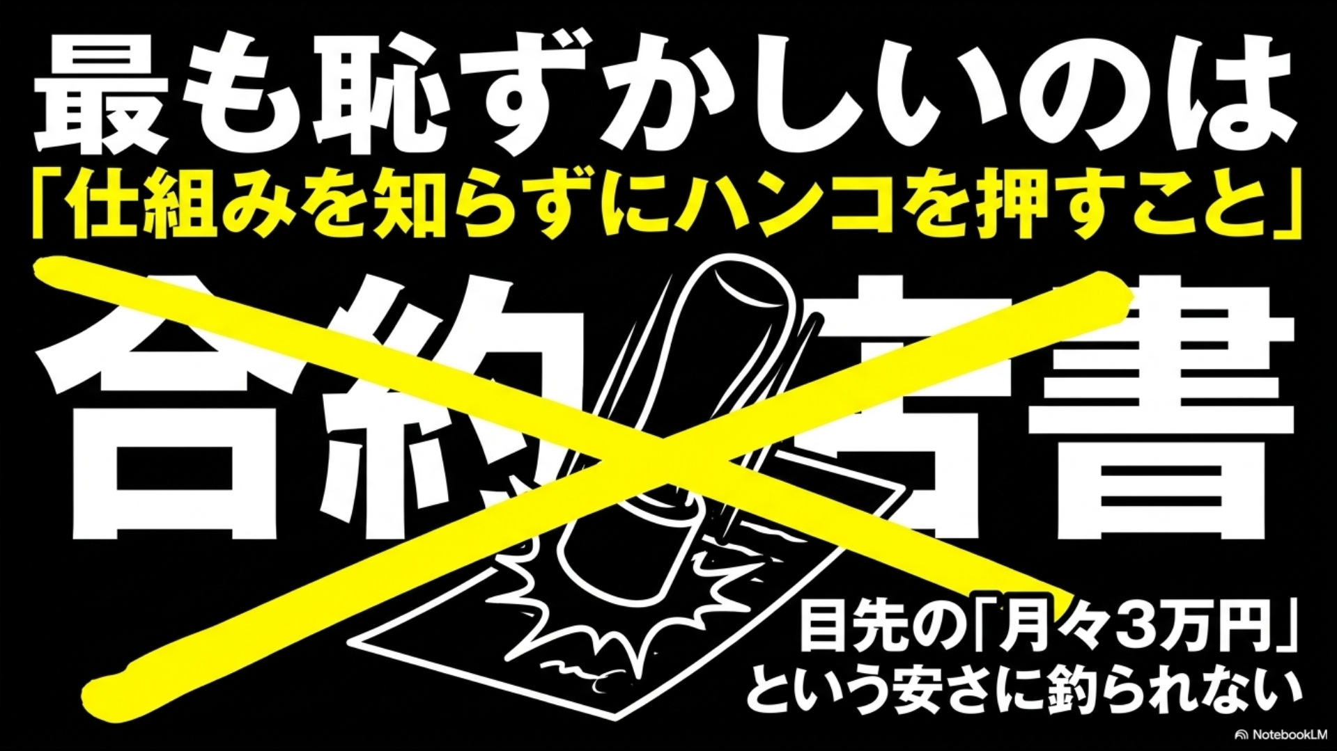 目先の月々3万円という安さに釣られ、仕組みを知らずに契約書にハンコを押すことが最も恥ずかしいという解説スライド