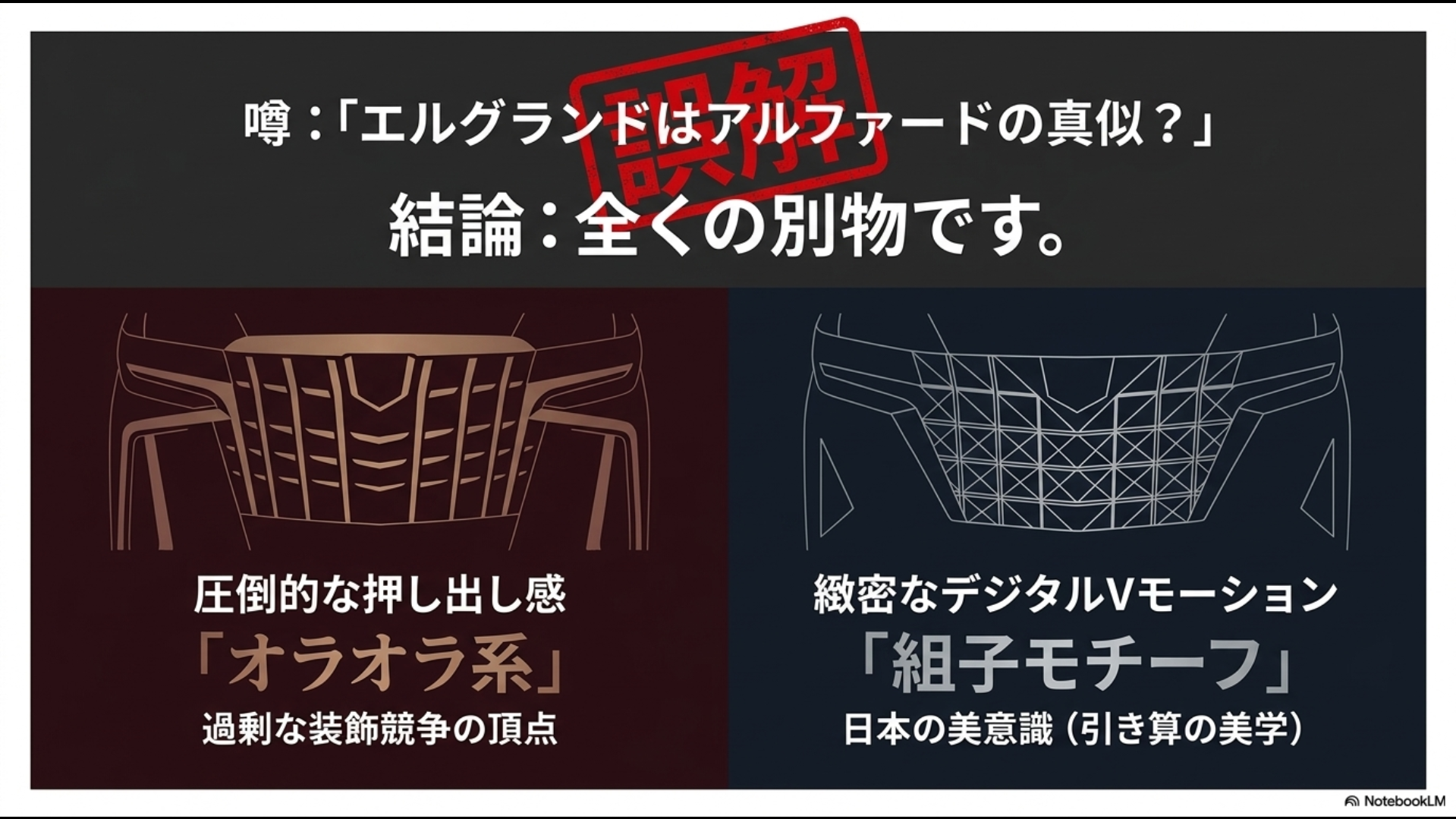 アルファードのオラオラ系メッキグリルと新型エルグランドの組子モチーフデジタルVモーショングリルの違いを解説するスライド