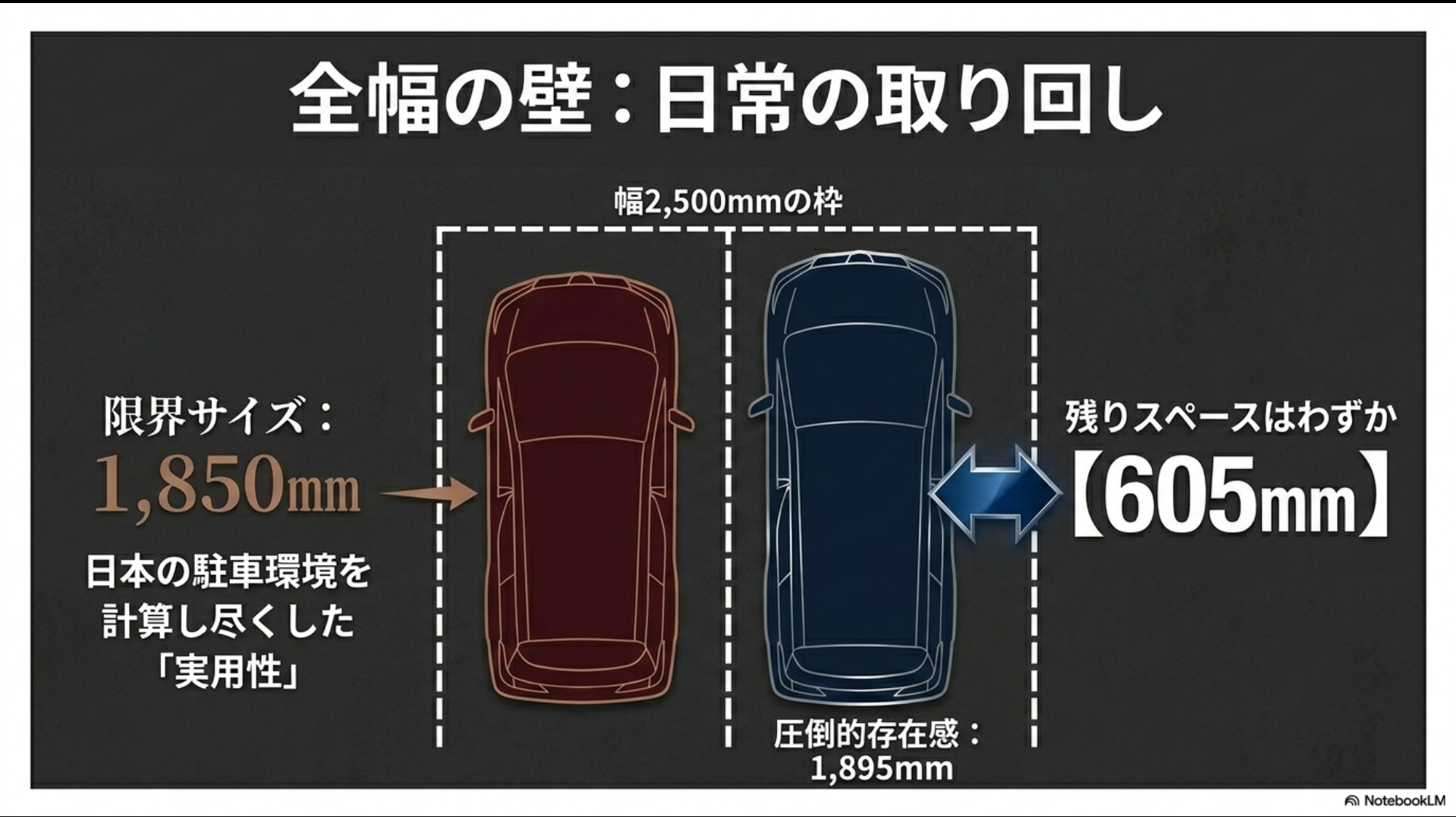 アルファードの全幅1850mmと新型エルグランドの全幅1895mmにおける、日本の一般的な駐車枠での残りスペースの違いを示したイラストスライド
