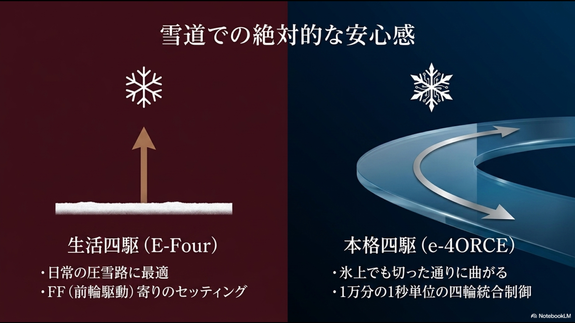 トヨタの生活四駆E-Fourと日産の本格四駆e-4ORCEの制御単位や氷上でのライントレース性の違いをまとめたスライド