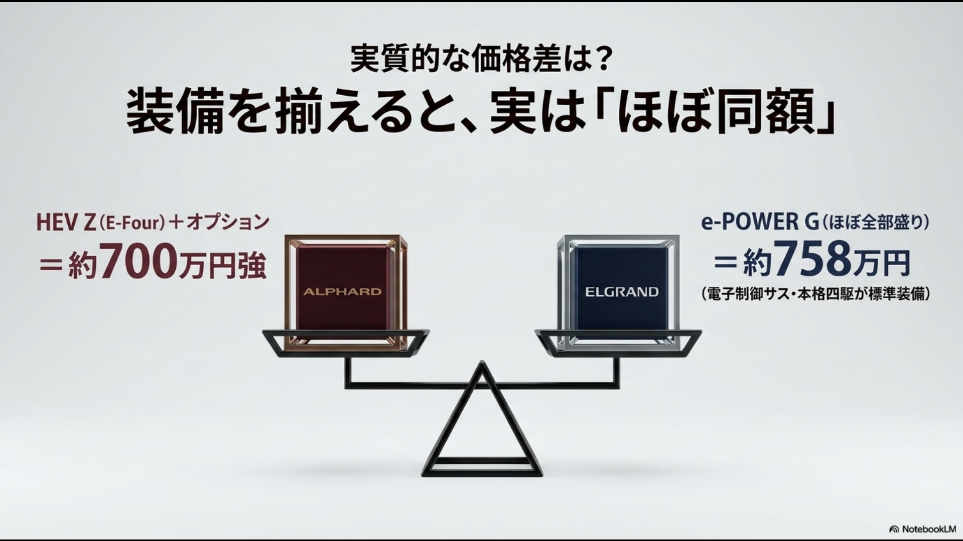 オプションを追加したアルファードHEV Zと、標準装備が充実したエルグランドe-POWER Gの実質的な価格差がほぼ同額であることを示す天秤のイラストスライド