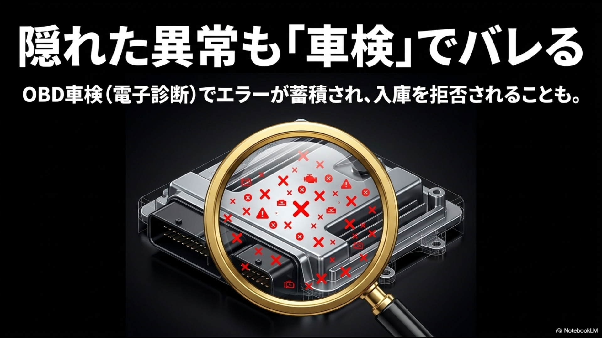 虫眼鏡でECUの中のエラーログ（X印）を覗いているイラスト。OBD車検（電子診断）でエラーが蓄積され、入庫を拒否されることもあると説明するスライド。