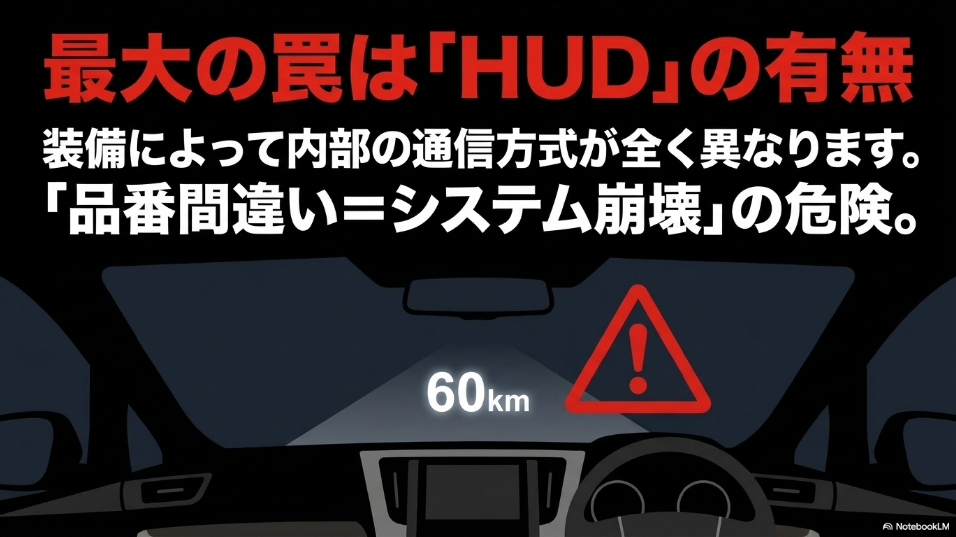 装備によって内部の通信方式が全く異なり、品番間違いはシステム崩壊の危険があることを警告するスライド。