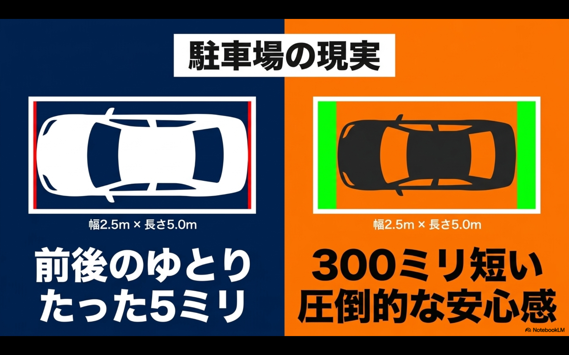 一般的な駐車場におけるアルファードとノアのサイズ感とゆとりの違いを比較した図