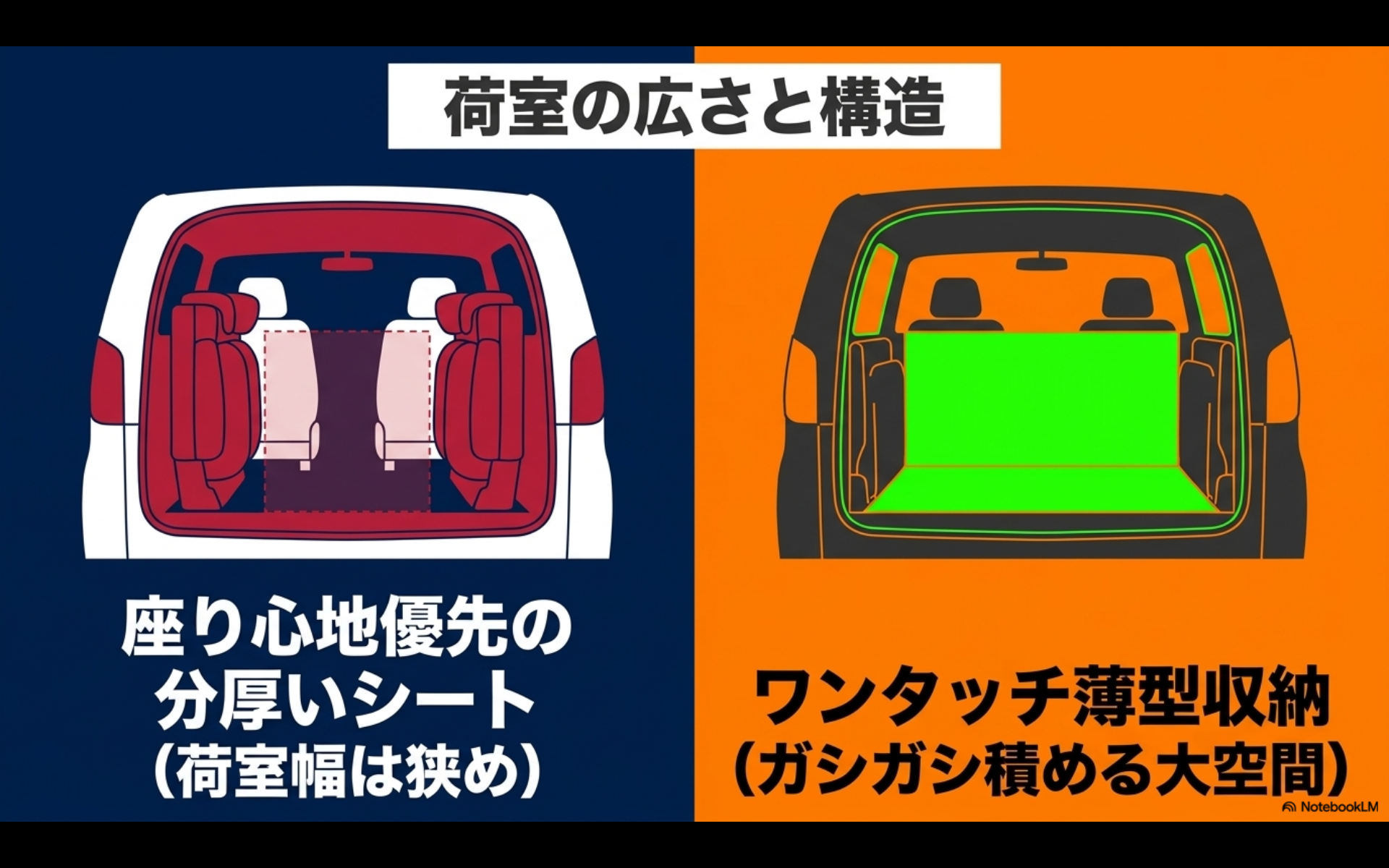 アルファードの分厚いシートとノアのワンタッチ薄型収納による荷室の実用性の違い