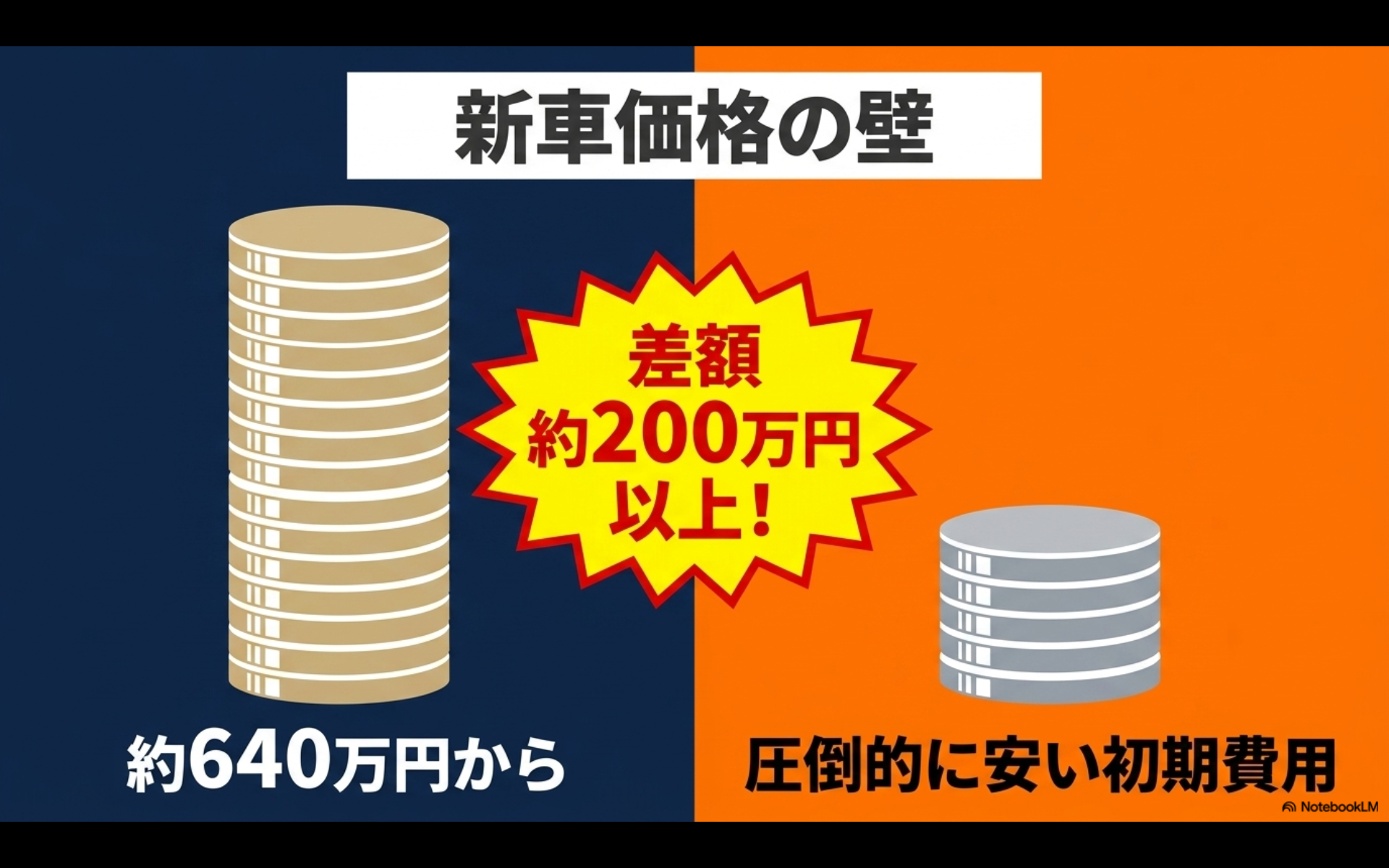 アルファードとノアの新車購入時における約200万円以上の初期費用の差額を示す図