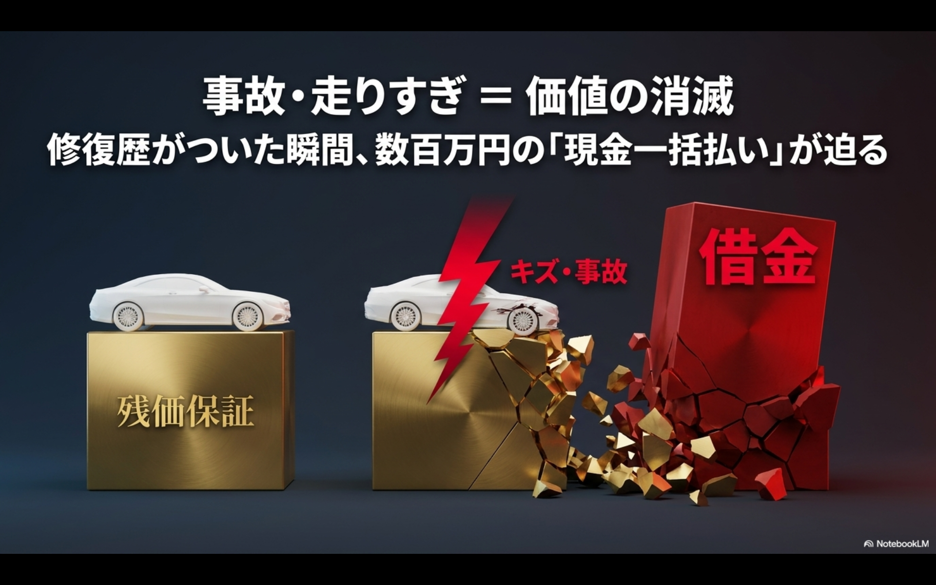 事故の修復歴や走りすぎによって車の価値が消滅し、数百万円の現金一括払いが迫るリスク