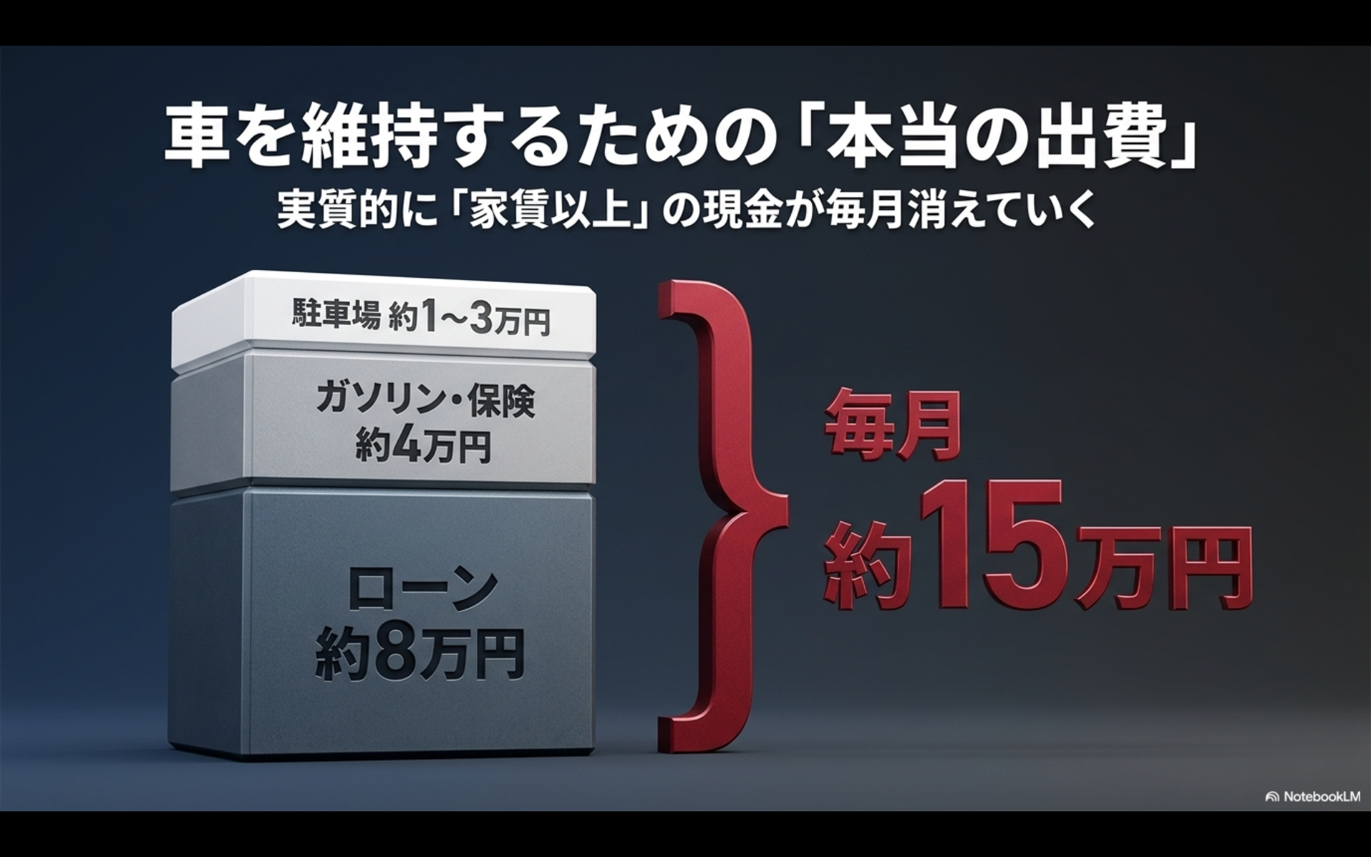 駐車場代、ガソリン、保険、ローンなどを含めると実質的に毎月約15万円の出費になる図解