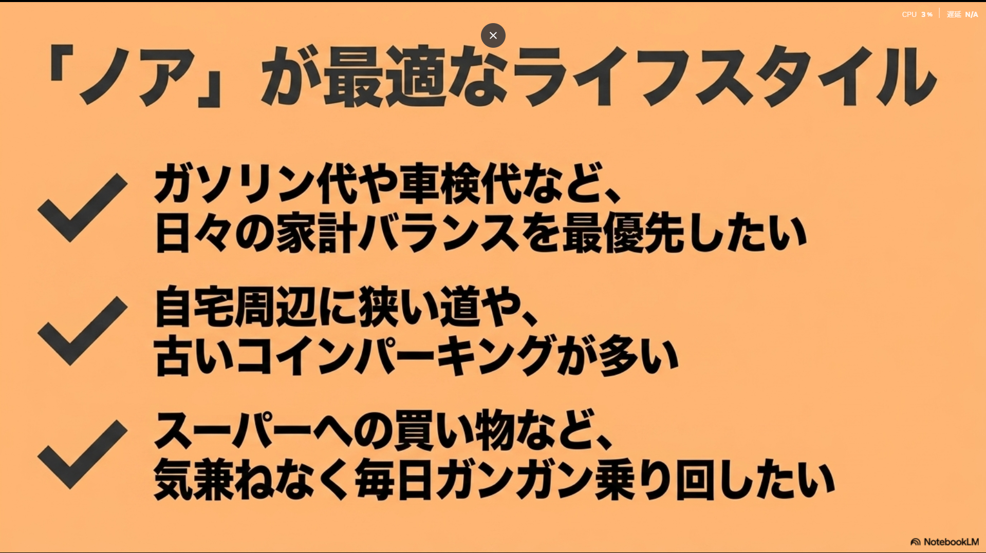 家計バランスを優先し、狭い道が多く、毎日ガンガン車を乗り回したい人にノアは最適