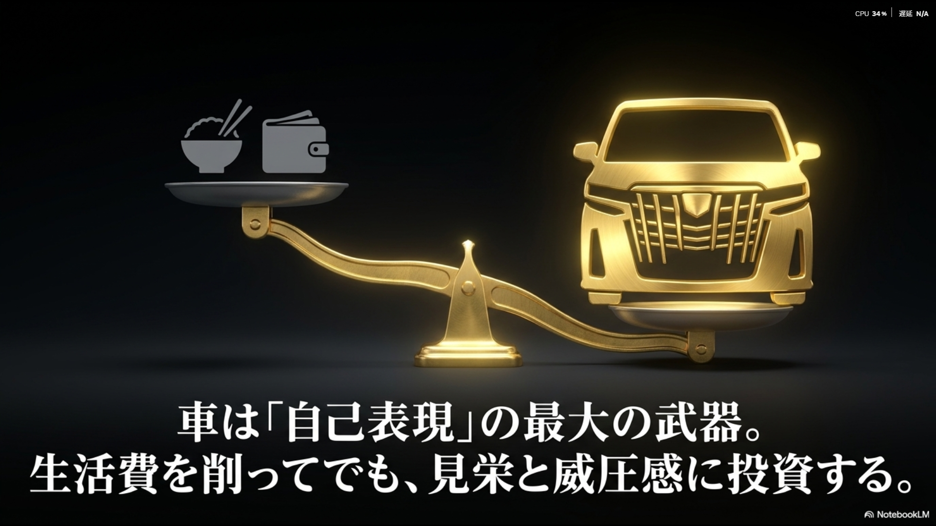 生活費を削ってでも見栄と威圧感のために車へ投資する心理を示す天秤のイラスト