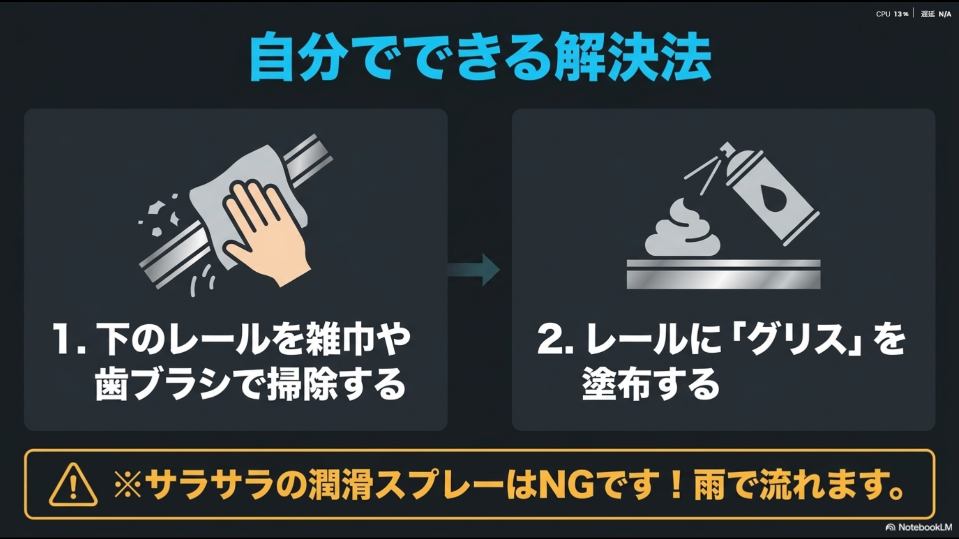 下のレールを掃除しグリスを塗布する自分でできる解決法