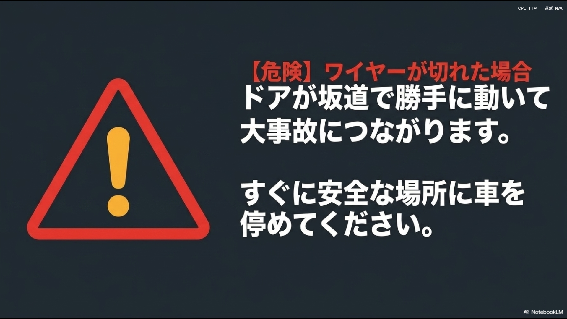 ワイヤーが切れてドアが勝手に動く大事故につながる危険性