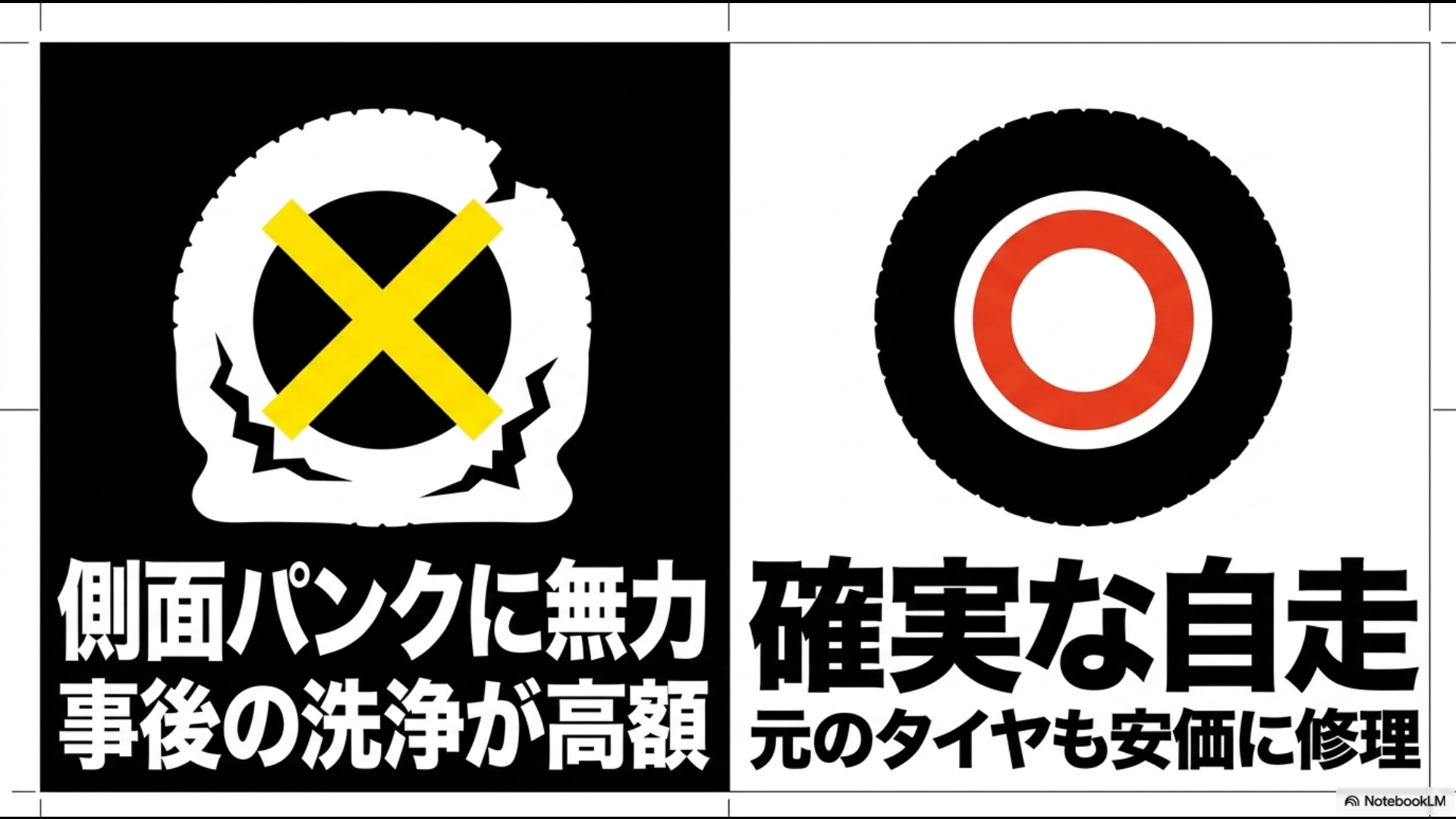 パンク修理キットは側面パンクに無力で事後洗浄が高額になる一方、スペアタイヤは確実な自走と安価な修理が可能であることを示すスライド