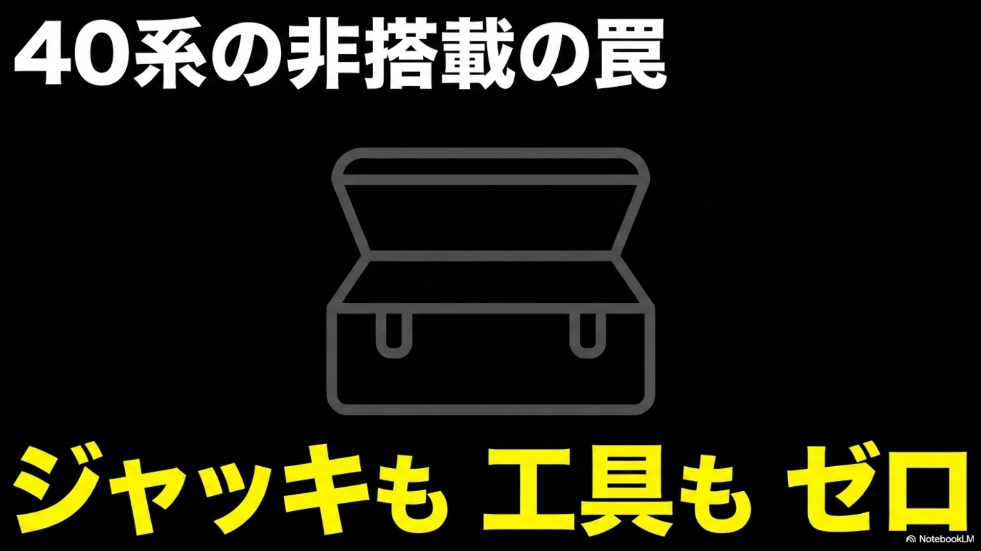40系アルファードで新車時にスペアタイヤを非搭載にすると、車載ジャッキや工具も付属しない罠を警告するスライド