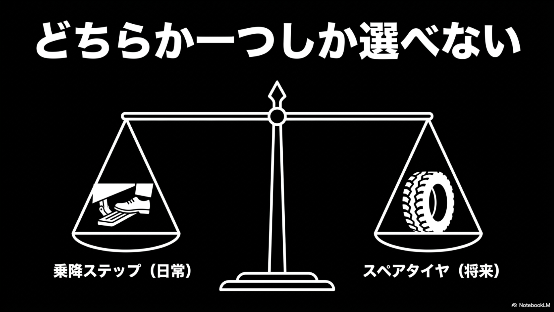 日常の乗降ステップと将来のリセールのためのスペアタイヤが、車両の重量制限によりどちらか一つしか選べない制限を説明するスライド