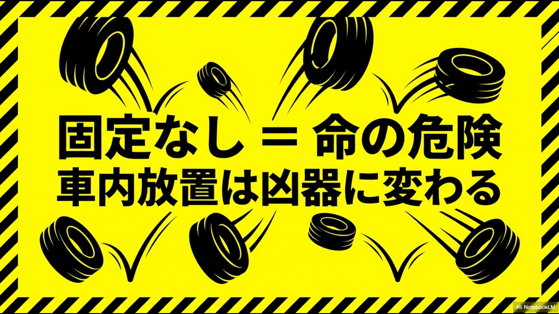 スペアタイヤを車内に固定せず放置すると、急ブレーキや事故の衝撃で凶器に変わり命の危険があることを警告するスライド