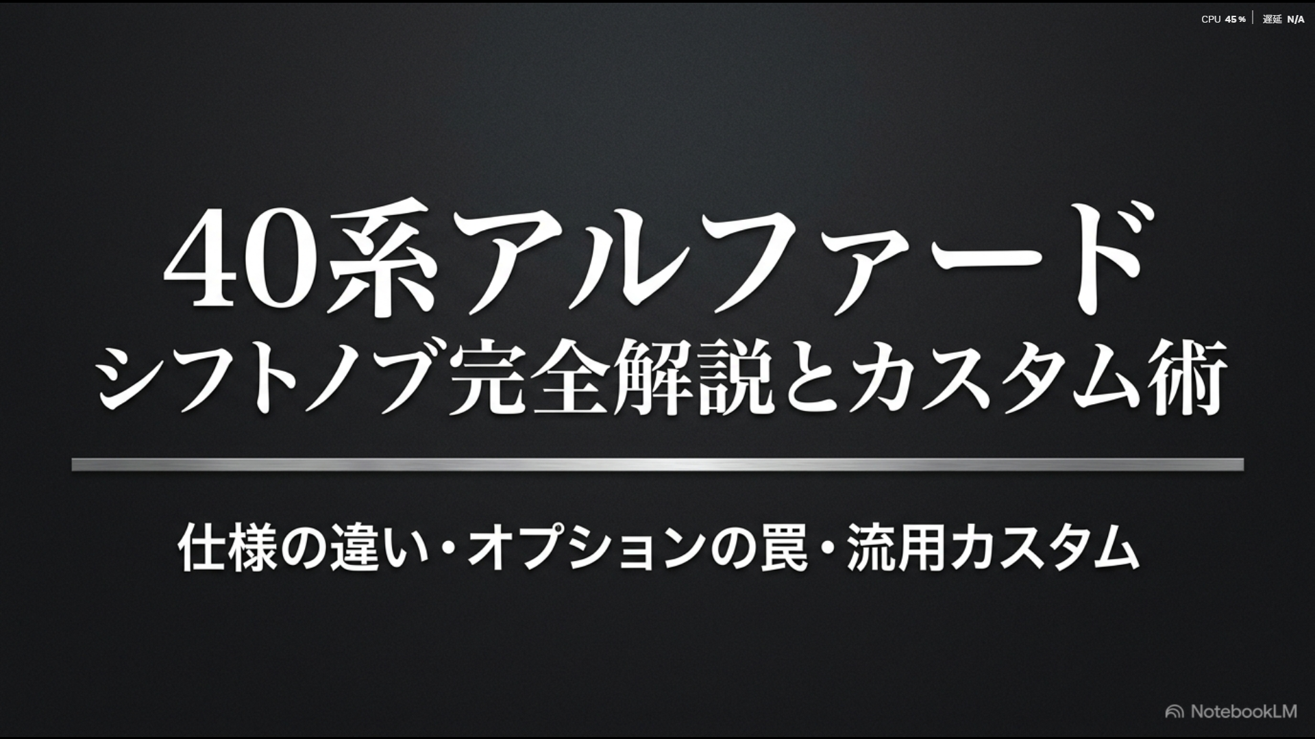 40系アルファードのシフトノブの違いやエレクトロシフトマチックの全貌、交換流用カスタムのノウハウを解説したスライドの表紙画像。