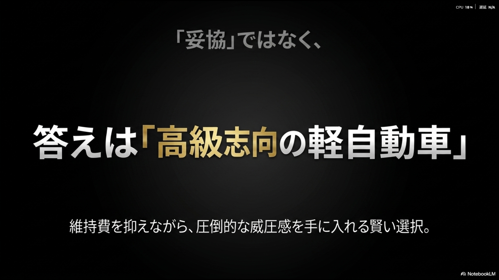 維持費を抑えながら、圧倒的な威圧感を手に入れる賢い選択としての高級志向の軽自動車を説明するスライド