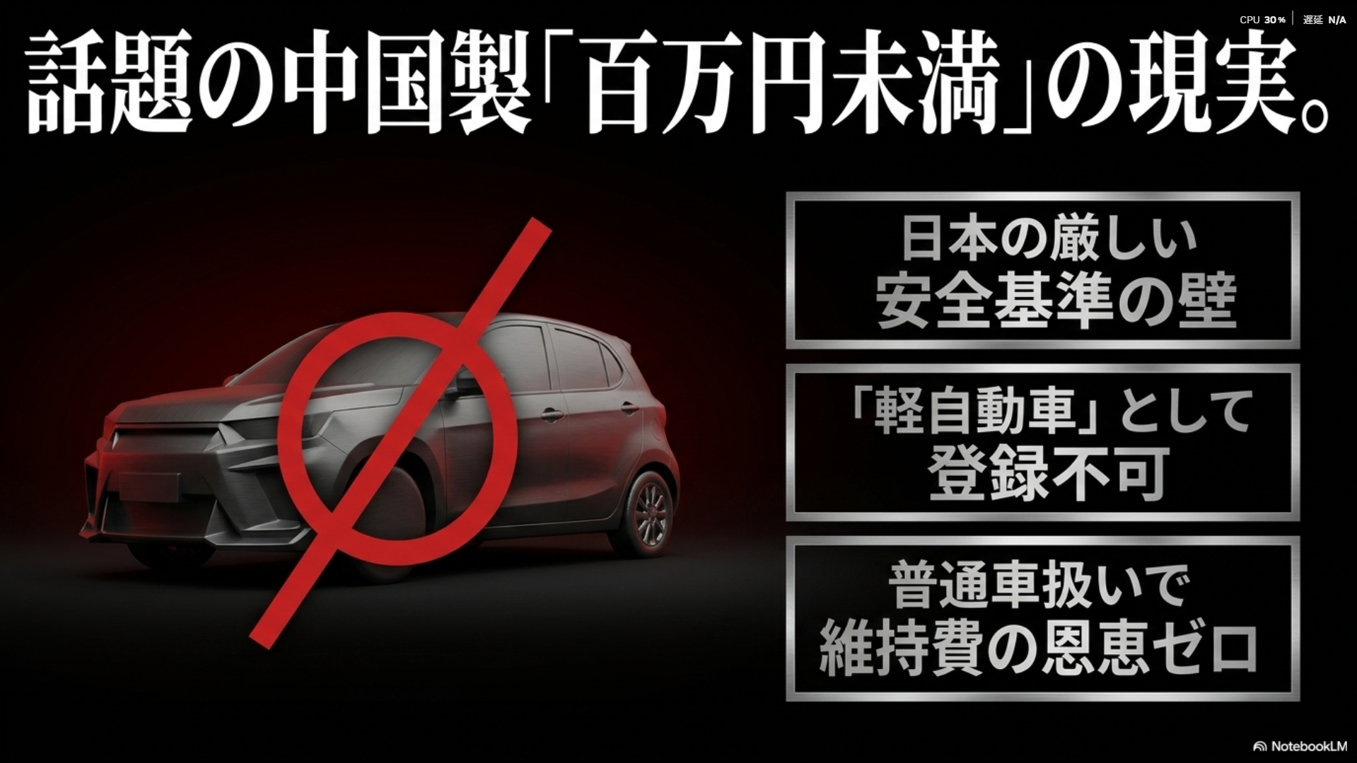 日本の厳しい安全基準の壁により軽自動車として登録不可となり、普通車扱いで維持費の恩恵がゼロになる現実