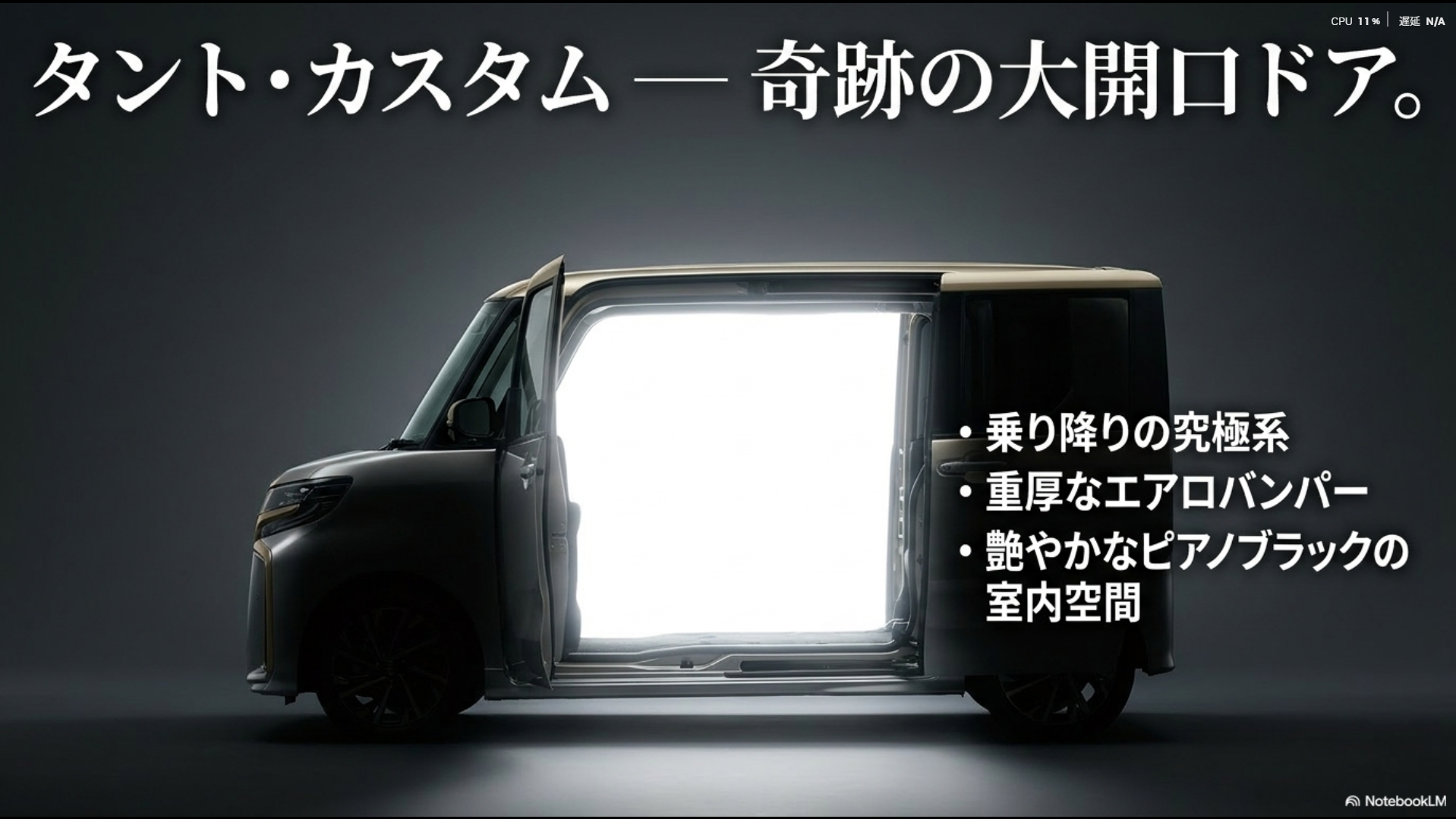 乗り降りの究極系である奇跡の大開口ドアと、重厚なエアロバンパー、艶やかなピアノブラックの室内空間を持つタント・カスタム