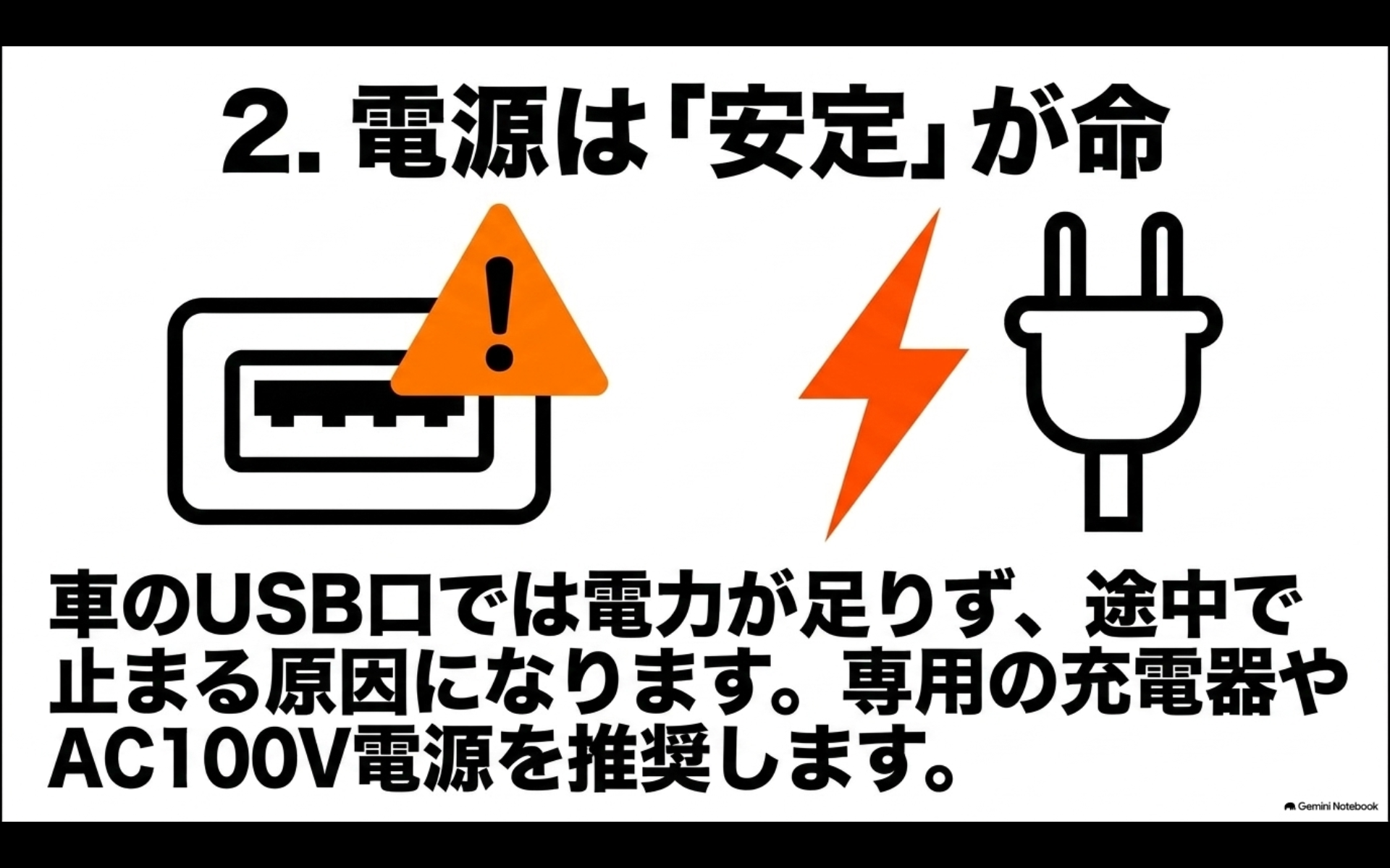 2. 電源は「安定」が命 車のUSB口では電力が足りず、途中で止まる原因になります。専用の充電器やAC100V電源を推奨します。