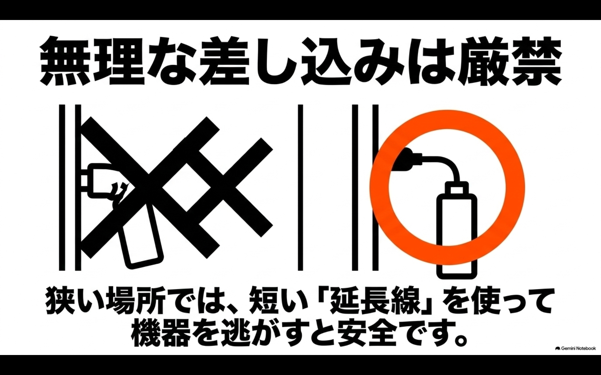 無理な差し込みは厳禁 狭い場所では、短い「延長線」を使って機器を逃がすと安全です。