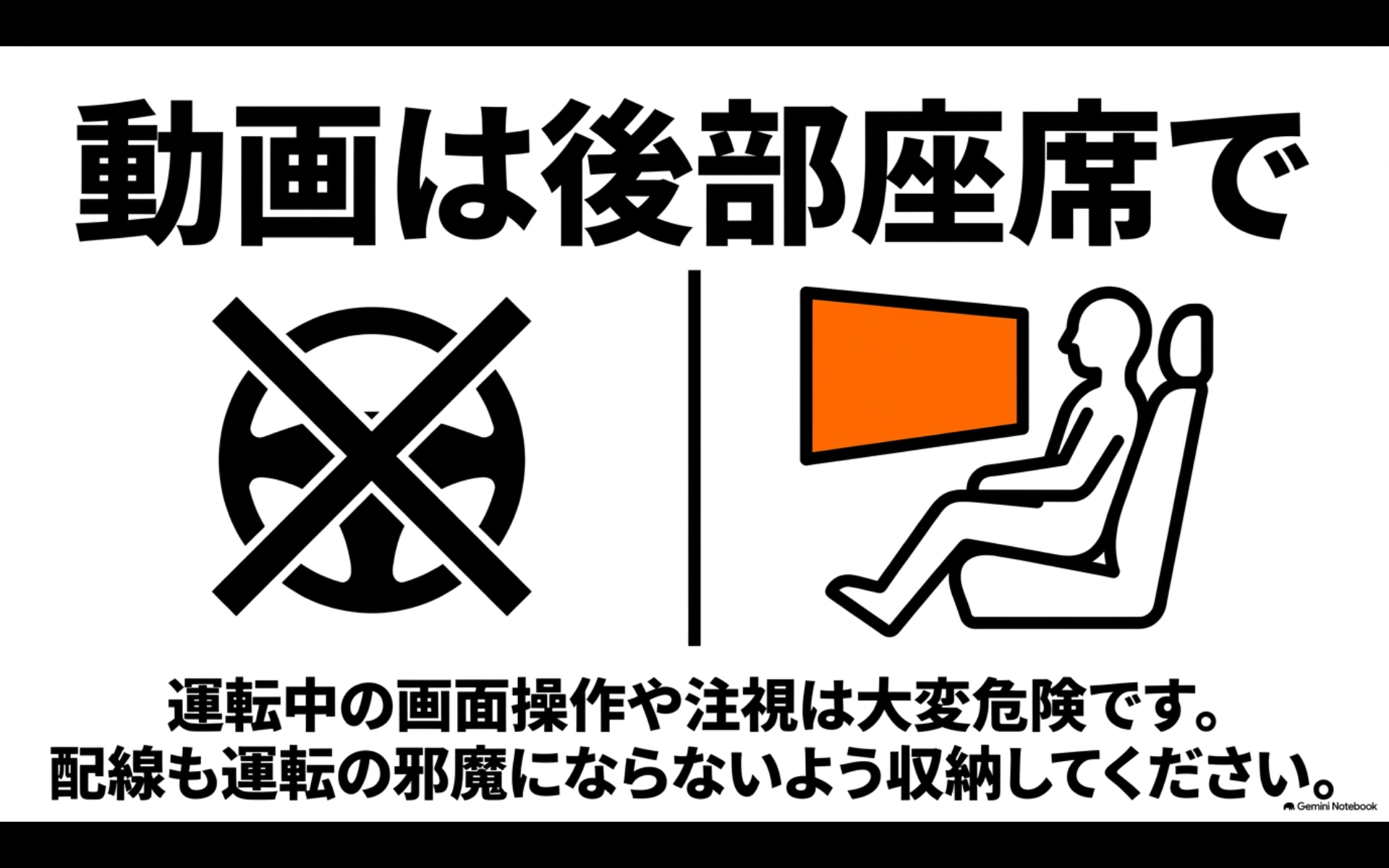 動画は後部座席で 運転中の画面操作や注視は大変危険です。配線も運転の邪魔にならないよう収納してください。